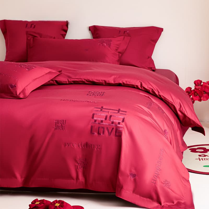 100% Cotton Embroidered Wedding Four-Piece Set, Red Pure Cotton Wedding Suite, Gift for Young People, Wholesale Factory