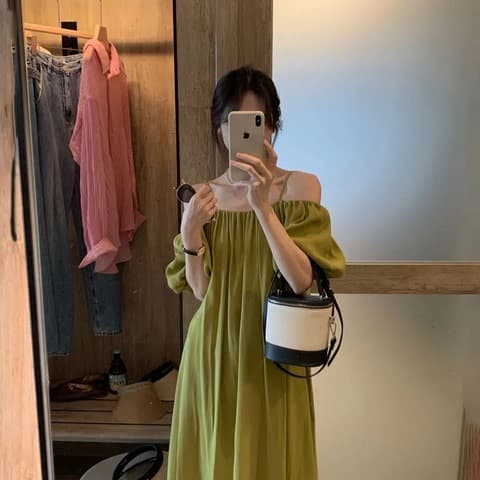 French Strap One-Shoulder Green Dress for Women 2025 Summer New Loose Off-Shoulder Long Dress Sexy