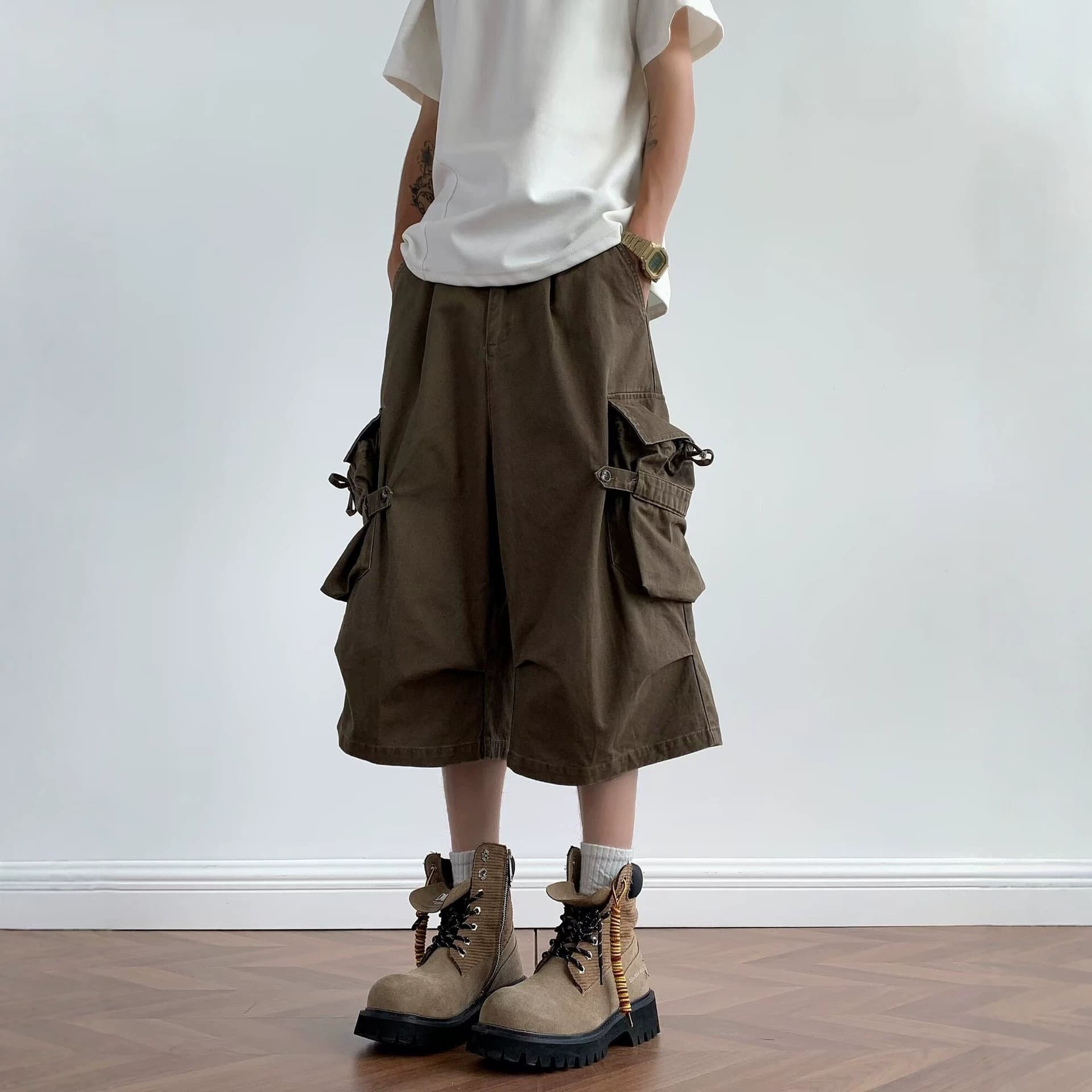 Japanese Retro Multi-Pocket Cargo Casual Shorts for Men and Women, Summer Washed Loose Straight Knee-Length Seven-Tenths Pants, Brown