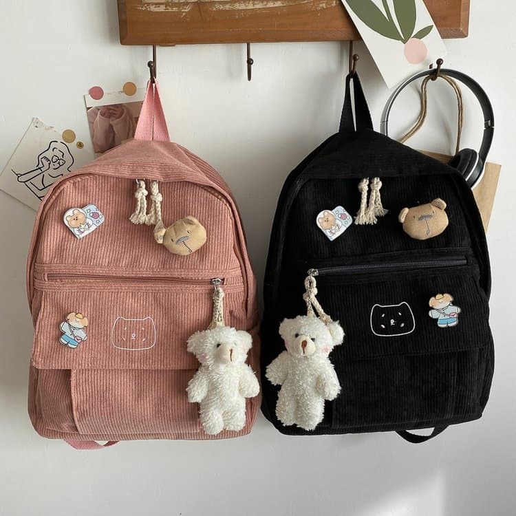 Corduroy Backpack for Girls, Korean Style, Cute, Large Capacity Travel Bag for Middle School, High School, and College Students