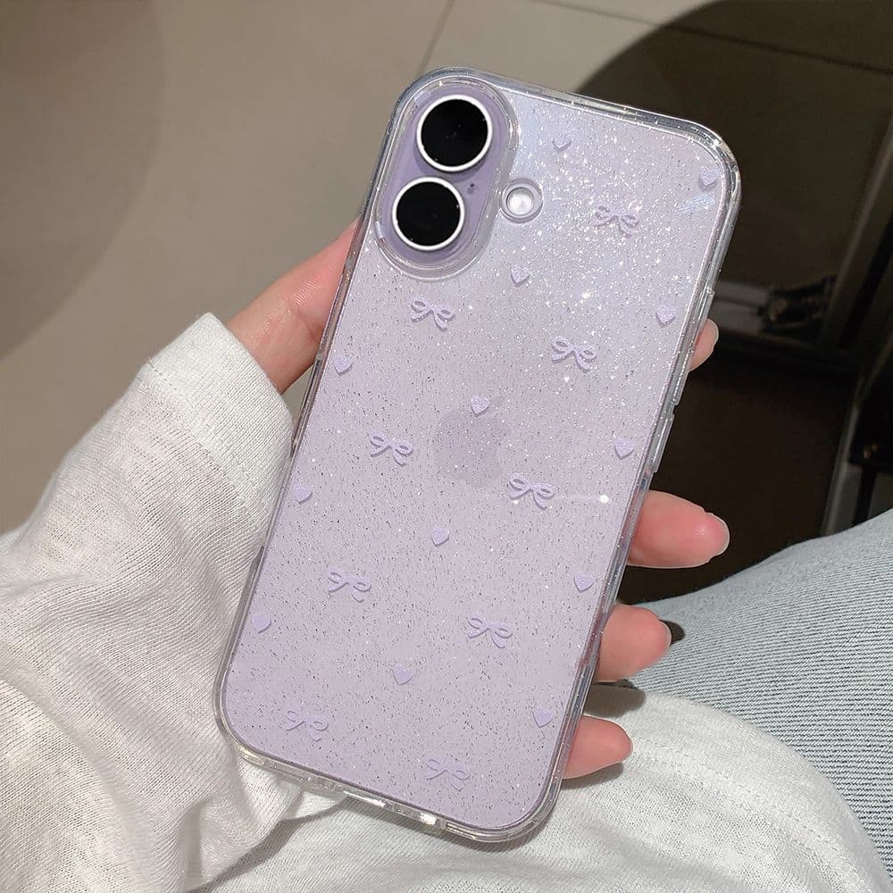 INS Purple Heart Bow Transparent Glitter Case for Apple 17 Pro 17 Pro Max 16 Large Cutout XS