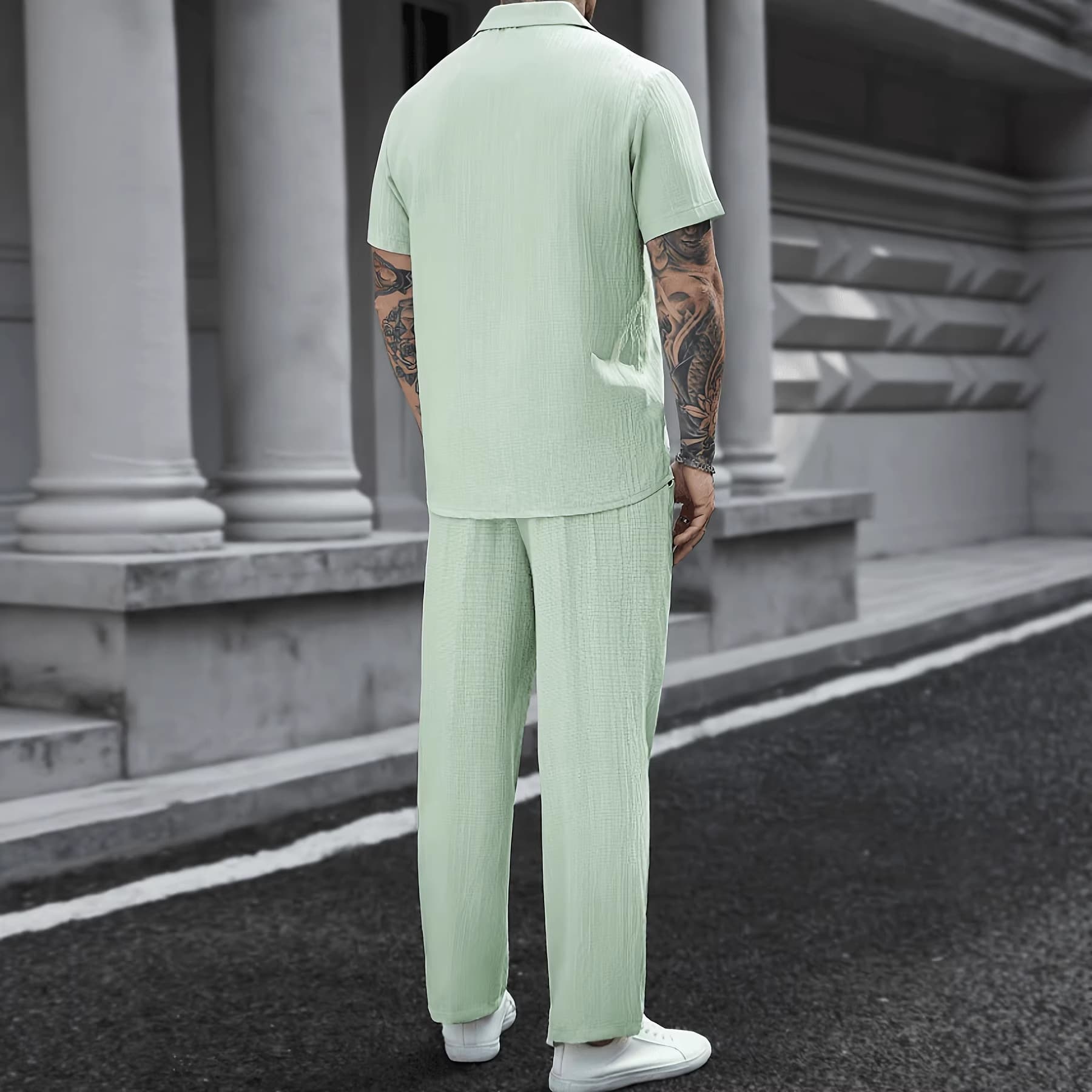 2026 New Cross-Border European and American Men's Solid Color Breathable Long Sleeve Shirt Drawstring Long Pants Two-Piece Set