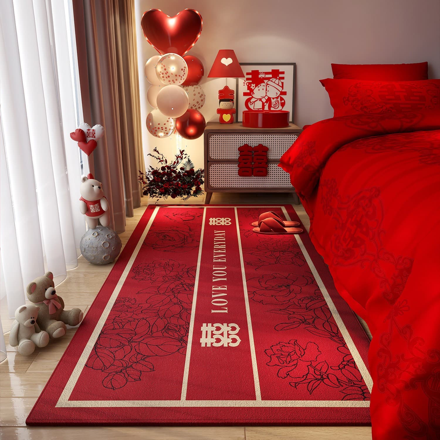 Wedding Double Happiness Room Carpet, Bedside Rug, Festive Floor Mat, Living Room Red Doormat