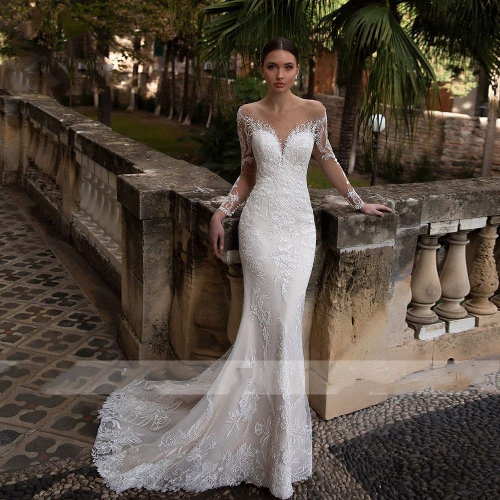 Wedding dress 2026 summer long-sleeved backless fishtail tail foreign trade retro slim dress skirt fishtail wedding dress