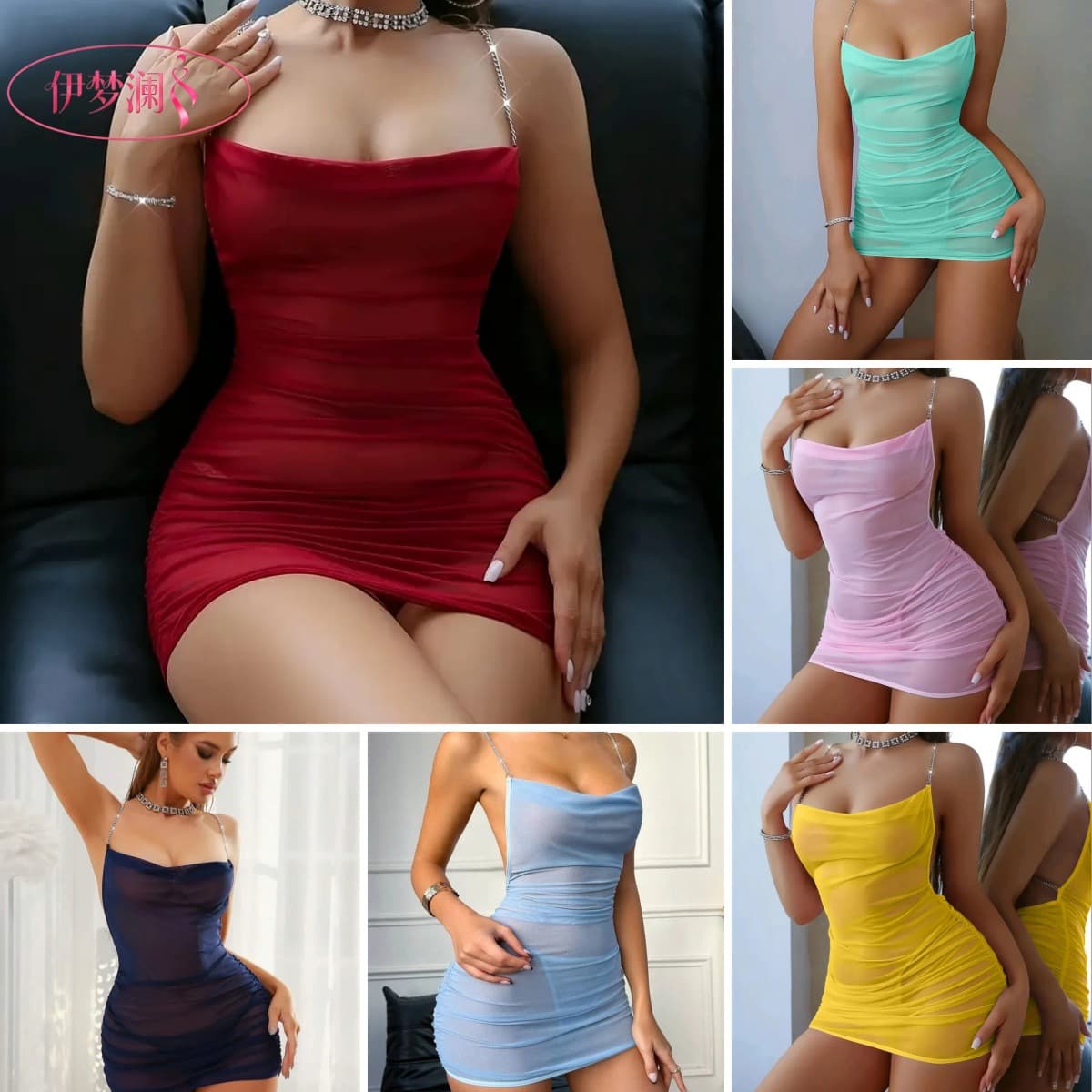 Cross-border Trade Mesh Sheer Sexy Sleep Dress, Amazon Europe and America Lingerie with Back Chain Strappy Dress