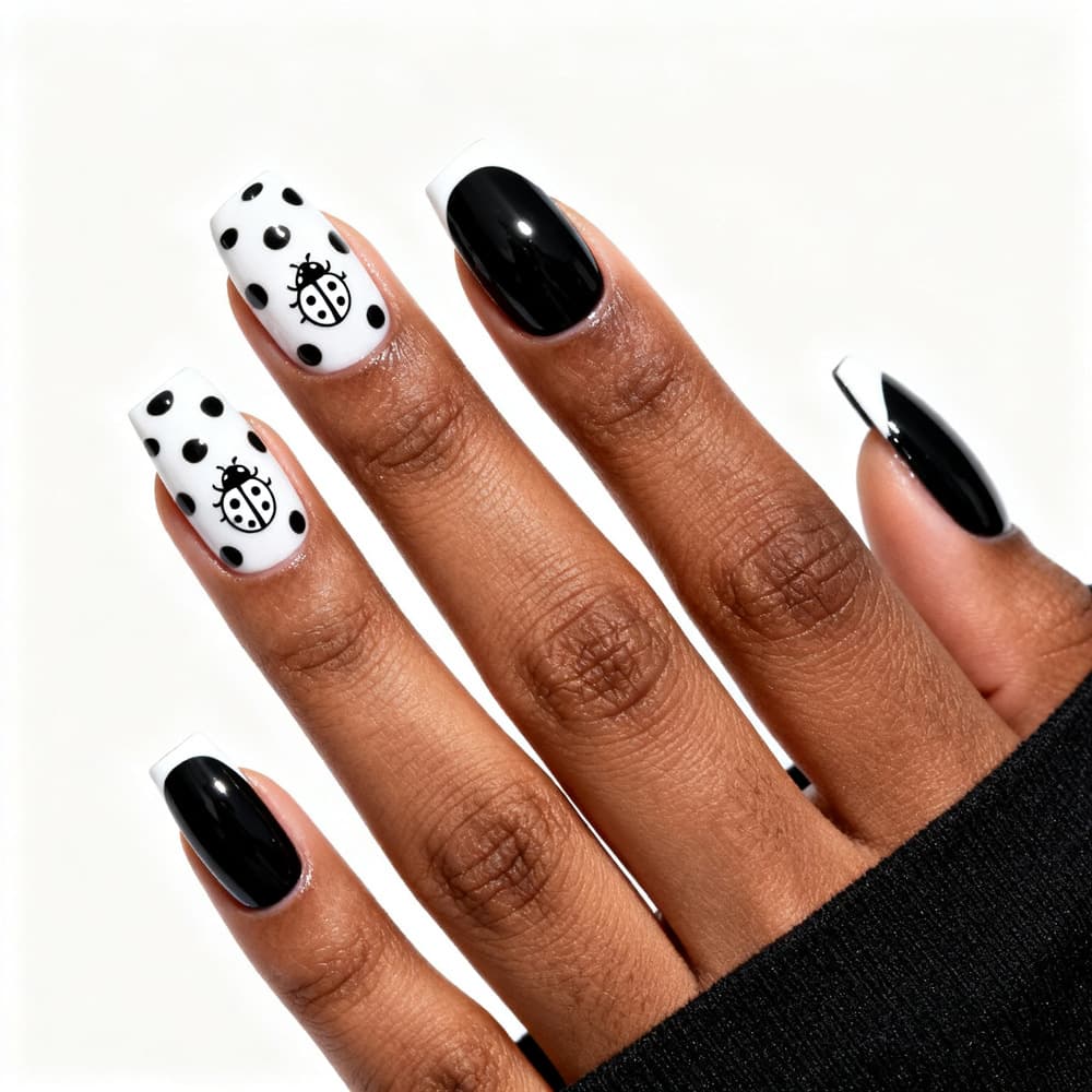 Black and White Ladybug Polka Dot Color-Block Wearable Nails Sweet Cool Simple Medium-Long Oval Square Nail Art Cute Finished False Nails