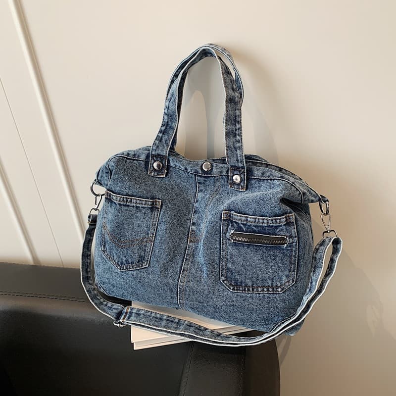 Large-capacity denim tote bag, retro literary heavy industry shoulder crossbody bag, commuting texture, versatile hand bag