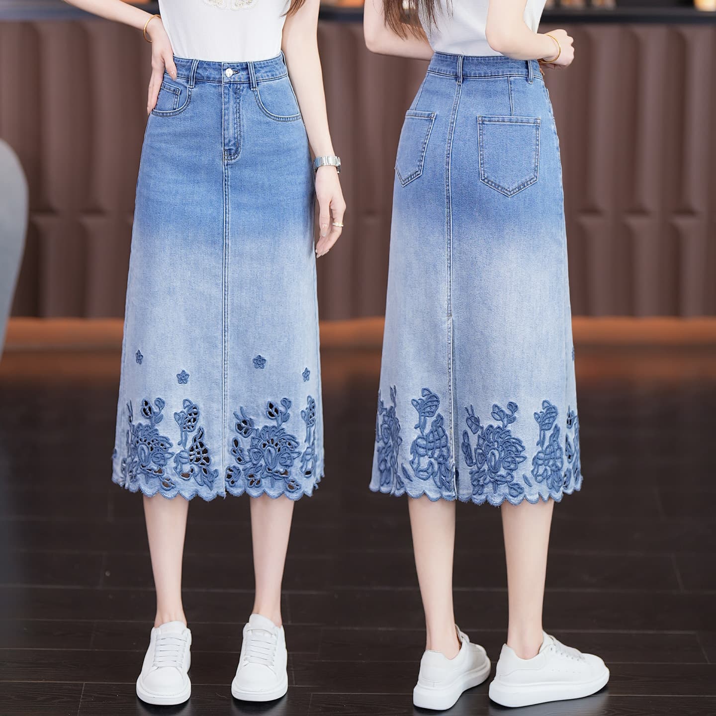 New Chinese Style Denim Skirt for Women Summer Thin 2026 High Waist Flowing Hollow Embroidery Mid-Length A-Line Skirt