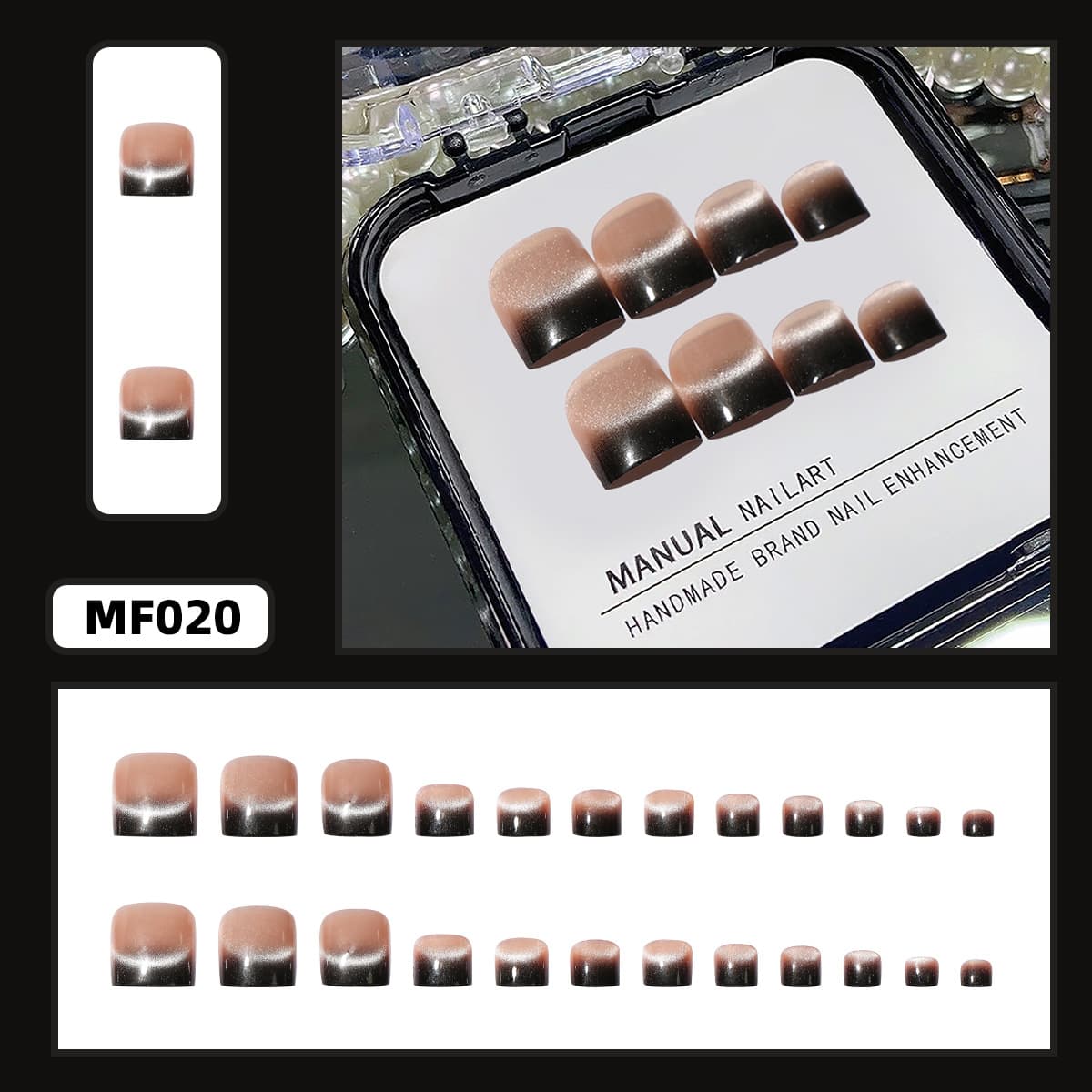 Brown Black Gradient Nail Art 24pcs Cat Eye Gradient French Nail Art Large Toenails Removable Fake Nail Stickers