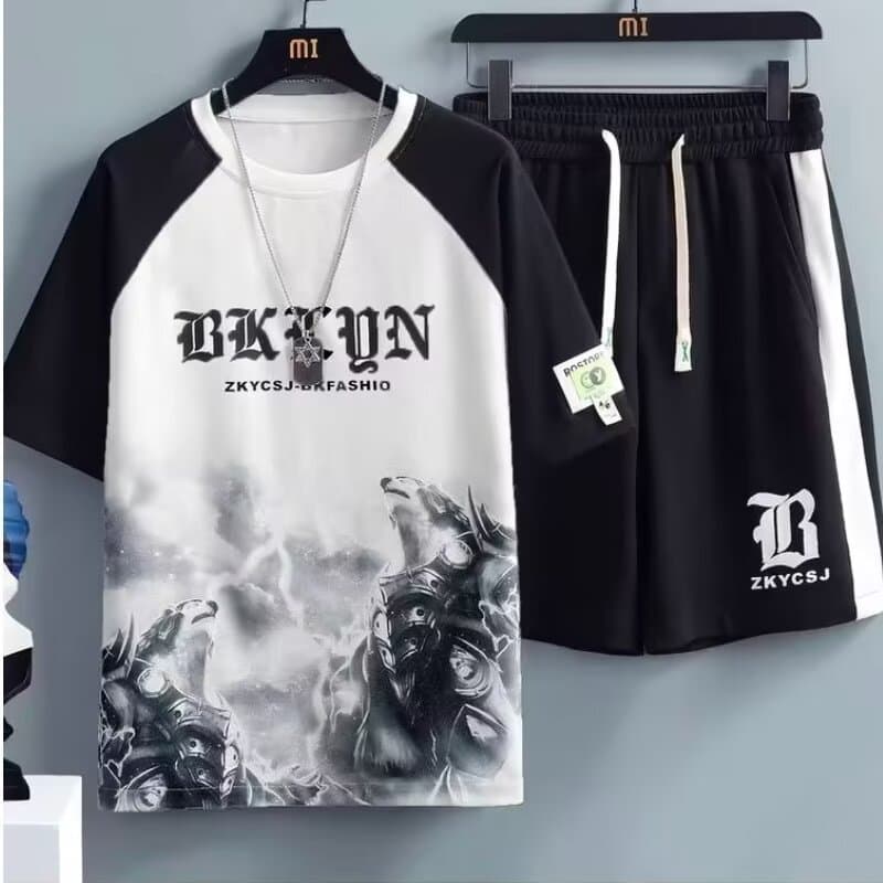 Cross-border Men's Waffle Casual Sport Set Thin Style Hong Kong Loose Fit Plus Size Summer Cool Youth Short Sleeve