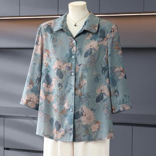 Summer Blouse for Senior Women, Grandma Shirt with Three-Quarter Sleeves, Mother's Top for Ages 60-70, Elderly Lady Shirt