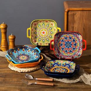 Bohemian Ceramic Plate Home High Appearance Double-Handled Square Plate Deep Plate Vegetable Plate Salad Plate Creative Dinner Plate New Style