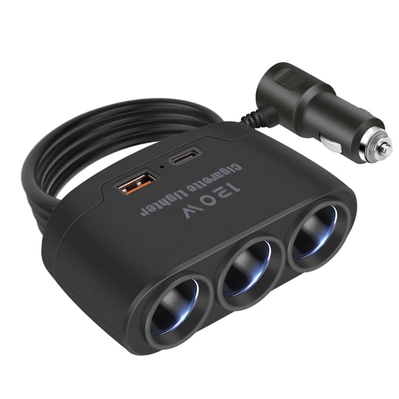 Multi-Function Car Charger Cigarette Lighter Splitter 1-to-3 with USB + PD Fast Charging Ports 12V 24V Universal