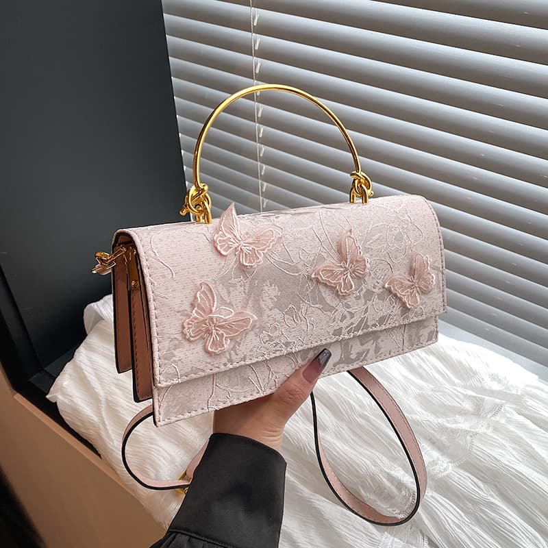 2025 New Women's Bag White Handheld Small Square Bag New Chinese Jacquard Sweet Style Butterfly Bridal Bag Evening Bag