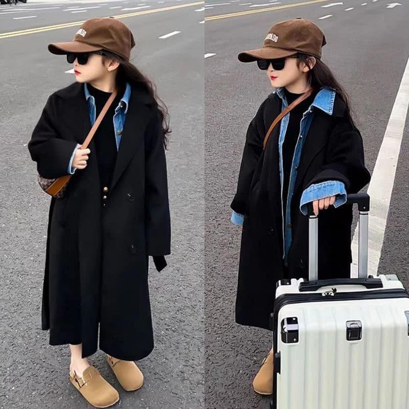 Girls' Autumn/Winter New Style Wool Coat 2025 New, Medium to Large Kids Korean Style Petite Mid-Long Trench Coat Trendy