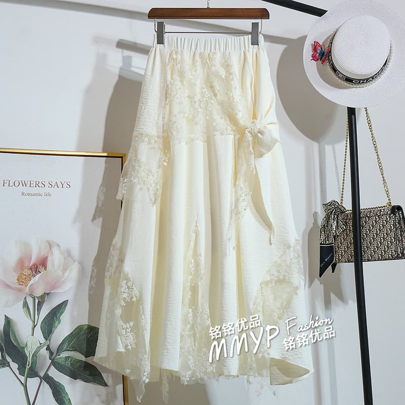 Sexy lace mesh splicing skirt, spring and summer sweet wear for women, irregular skirt, high waist, slimming mid-length skirt
