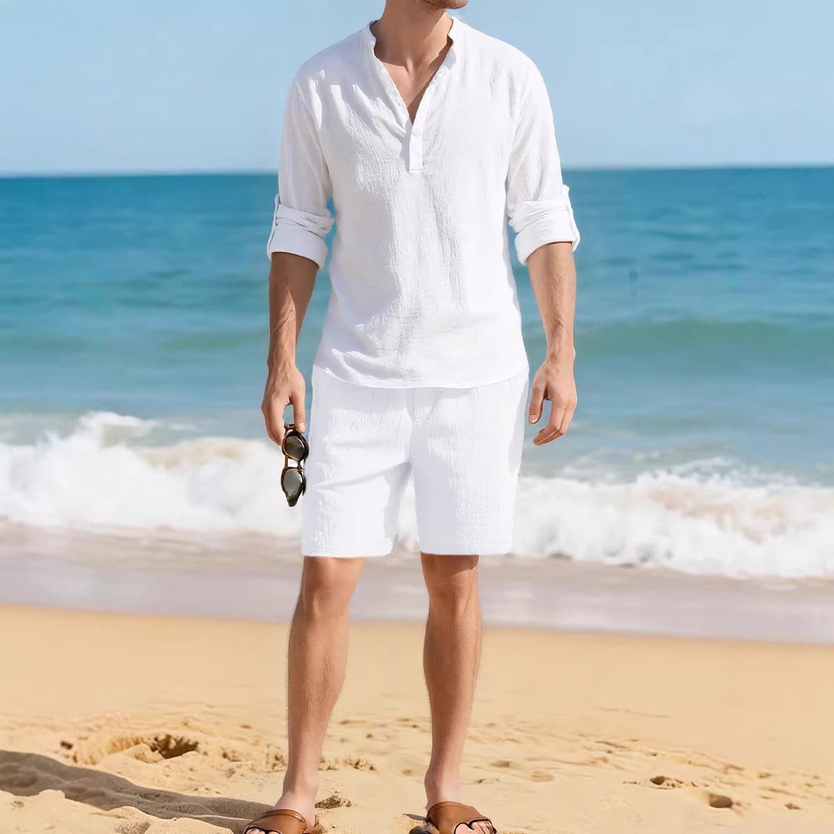 Linen long-sleeved casual tops, linen shorts, casual fashion suits