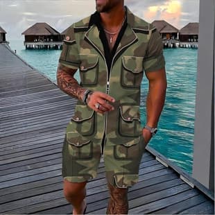 Casual Camo Military Style Two-layer Short Sleeve Polo Men's Loose Shorts Summer Set