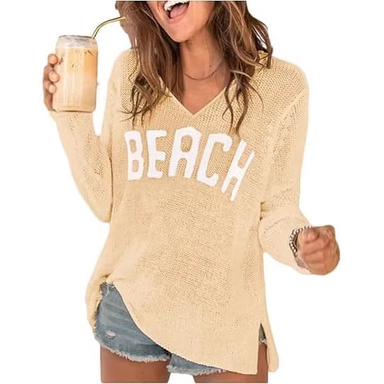 New Arrival V-Neck Letter Spring/Summer Thin Knit Sweater for Women, Cross-Border Amazon EU/US