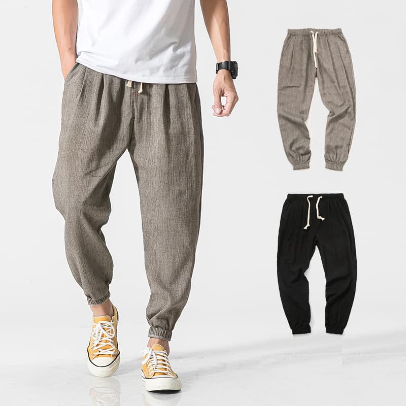 2025 summer Chinese style retro cotton and linen men's casual pants men's solid color plus fat large size loose linen small leg pants