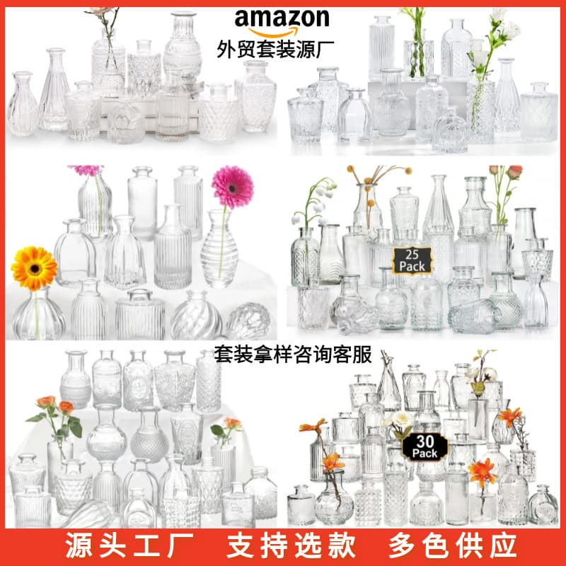 Cross-border Direct Sales Retro Glass Vase, Transparent Ins Restaurant Decoration Flower Arrangement Premium Small Vase Set