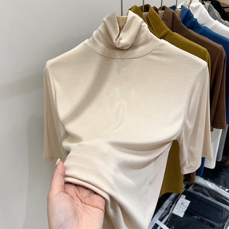 European High Collar Short-Sleeved T-Shirt Women's Summer 2023 New Style Western High-End Mid-Sleeve Top Half-Sleeve Base Shirt