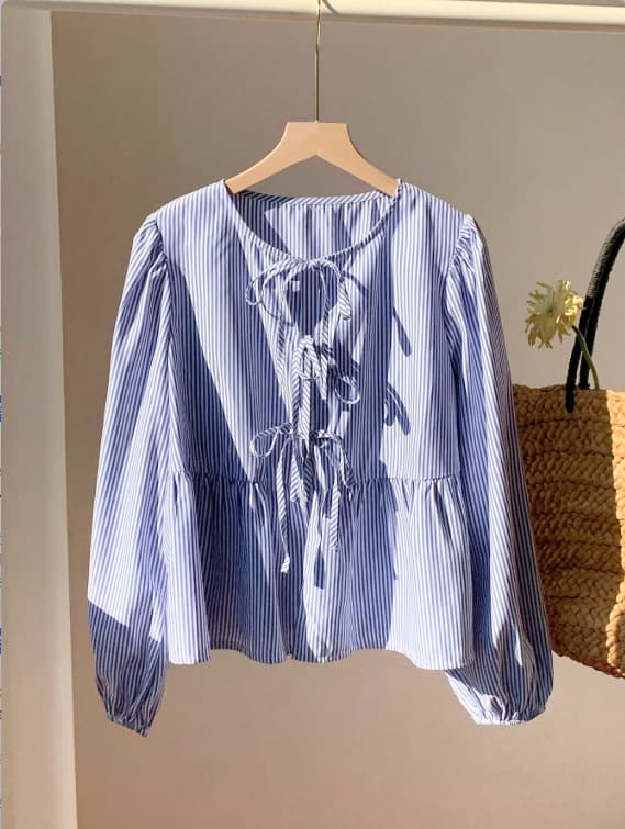 In Stock 2025 Cross-border Amazon Spring/Summer Best-selling Round Neck Cardigan Tie-strap Striped Long-sleeve T-shirt Top
