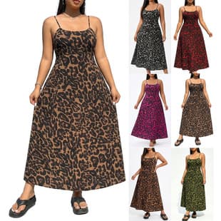 Cross-border Bestseller Plus Size Women's Leopard Print Camisole Maxi Dress Waist-Slimming Flared Skirt European American Style Beach Dress