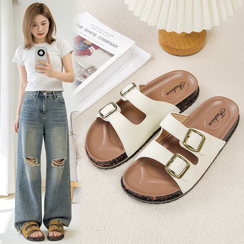 Cross-border trade slippers, soft-sole sandals for women, new summer style, French double-buckle retro thick-sole slippers, wholesale for men and women