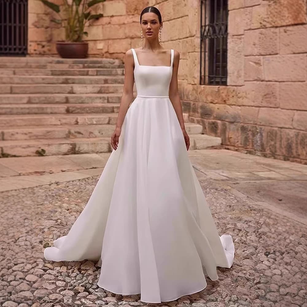 Cross-border Amazon White Halter Neck Lace Train Light Wedding Dress Simple Bride Engagement Party Gown Satin Premium