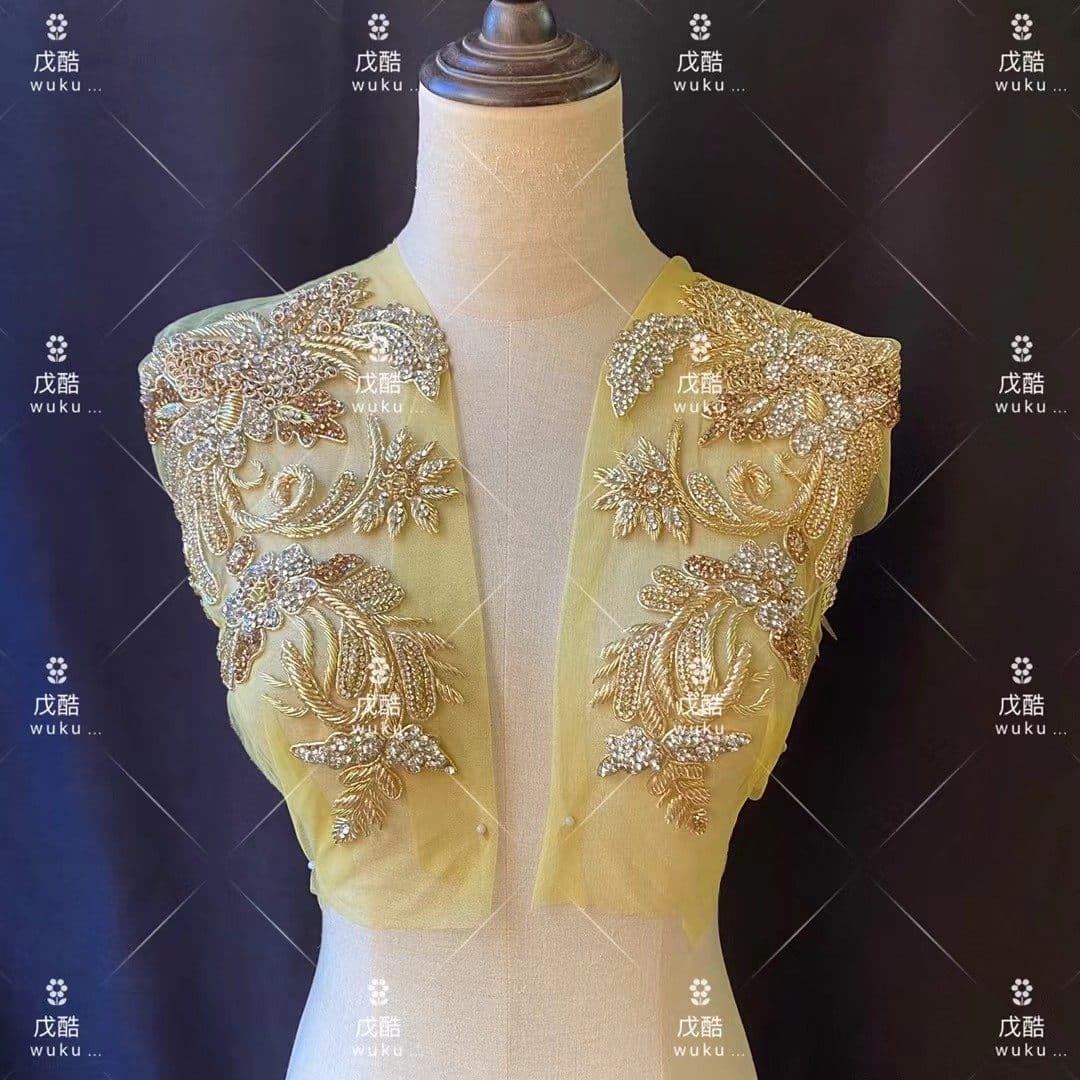 Multi-color Heavy Beaded Indian Wire Pairing Flower DIY Decorative Applique for Cheongsam, Evening Gown, and Xiuhe Suit