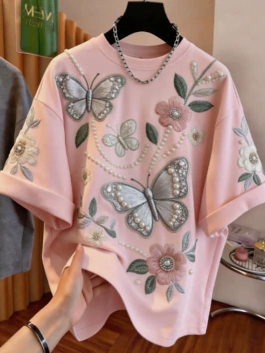 Cross-border Export Summer New Round Neck Loose Top Imitation Embroidery Pearl Butterfly Print Short Sleeve T-Shirt for Women