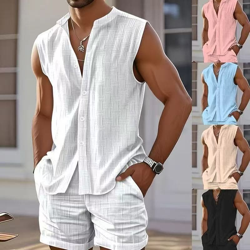Cross-Border European and American Summer New Fashion Men's Jacquard Casual Stand-Up Collar Sleeveless Cardigan Shorts Sports Men's Suit