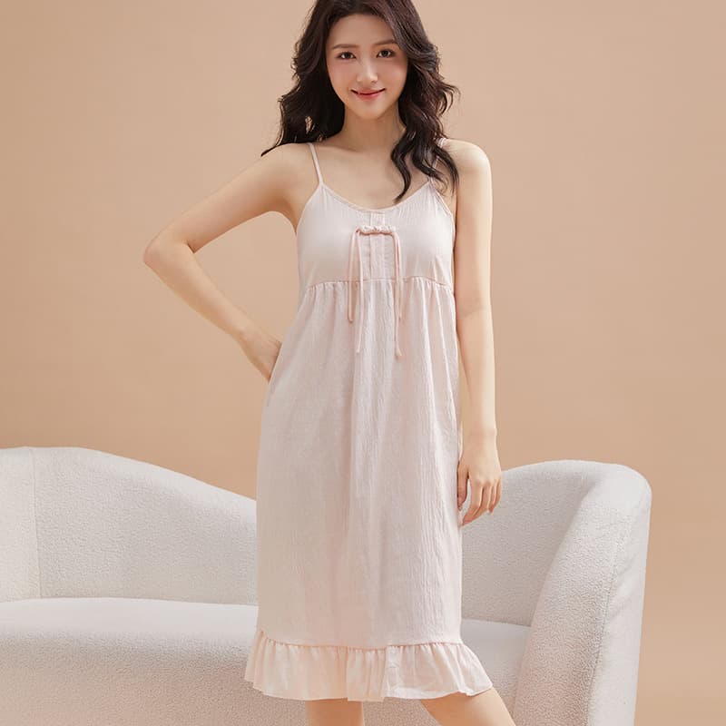 Sexy Backless Slip Dress with Padded Cups, Jacquard Cloud Cotton, Summer Breathable Nightgown for Women, Anti-Nipple Show