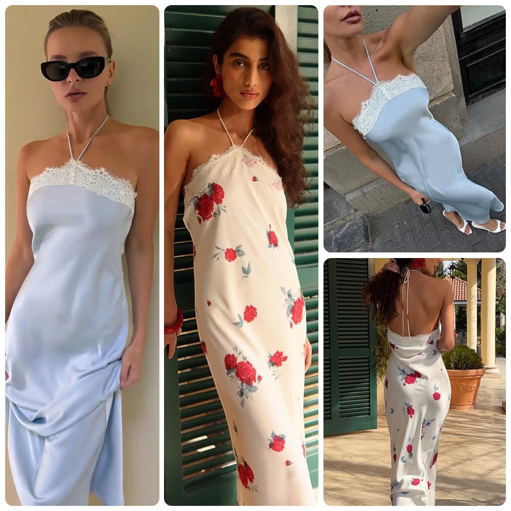 Halter Neck Dress for Women, Lace-Trimmed Backless Long Vacation Dress, Flowing A-Line Maxi Dress with Back Tie