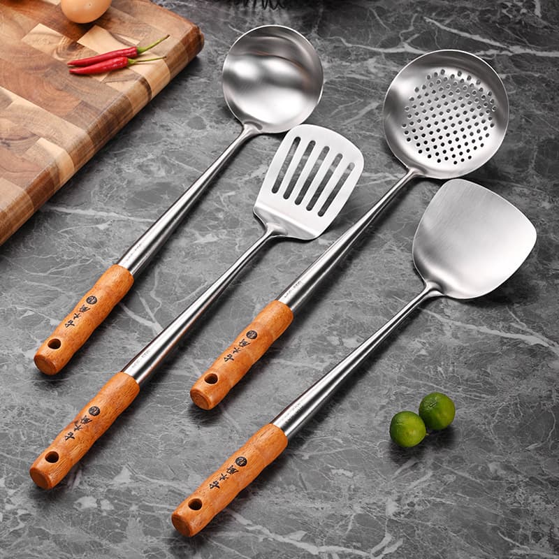 304 Stainless Steel Spatula Soup Spoon Slotted Spoon Frying Spatula Four-Piece Set Household Kitchen Solid Wood Handle Kitchen Utensil Set