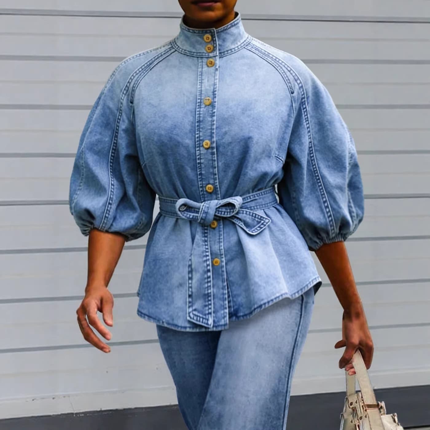 Tie-Waist Lantern Sleeve Three-Quarter Sleeve Versatile Vintage Denim Shirt for Women, Hong Kong Style High Stand Collar, Mature and Slimming