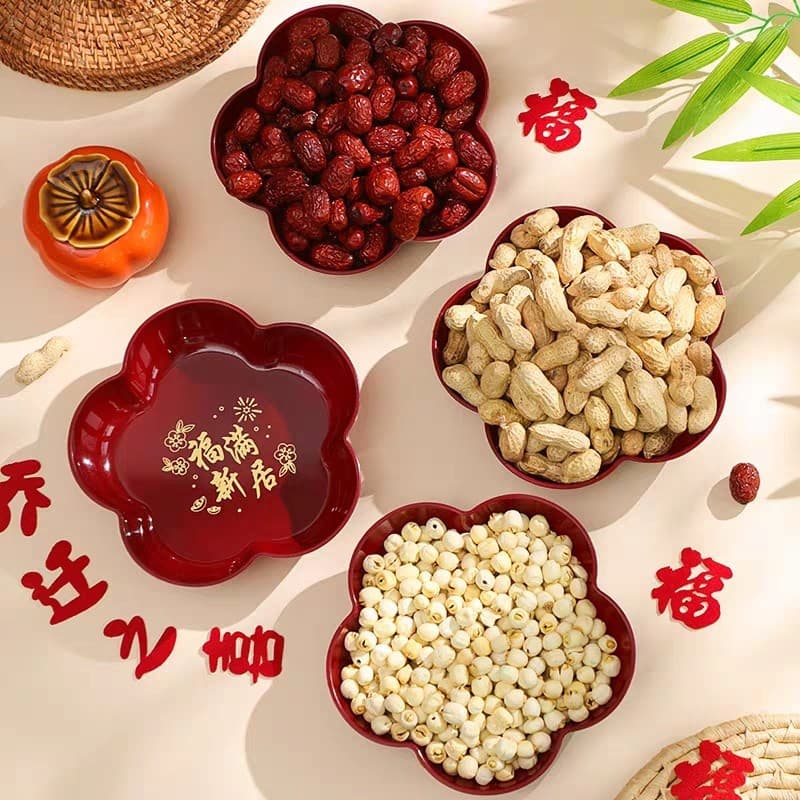 Wine-red fruit platter for moving into a new house; dried fruit platter for moving and wedding decorations; red candy platter.