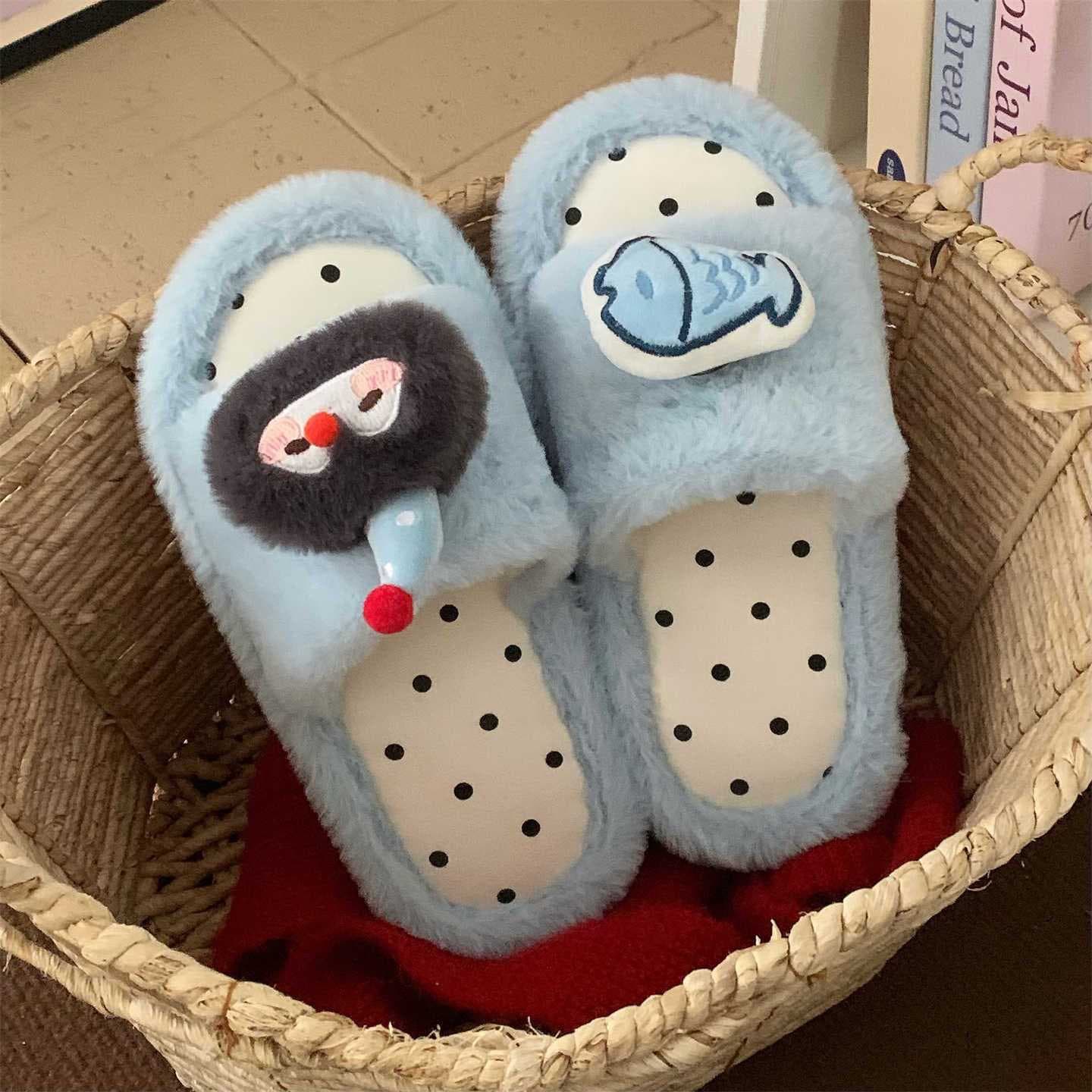 Cute Penguin Fish Plush Cotton Slippers for Men and Women, Autumn and Winter Indoor Non-Slip Fuzzy Slippers