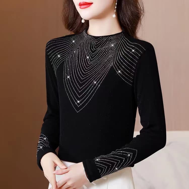 Large size hot diamond top for women, fashionable and slim, black autumn and winter new style half turtleneck slim plus velvet long-sleeved bottoming shirt