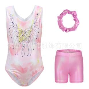 Kids Gymnastics Leotard, Children's Dance Costume, Performance Bodysuit with Rhinestones, Training Leotard with Shorts and Headband Set