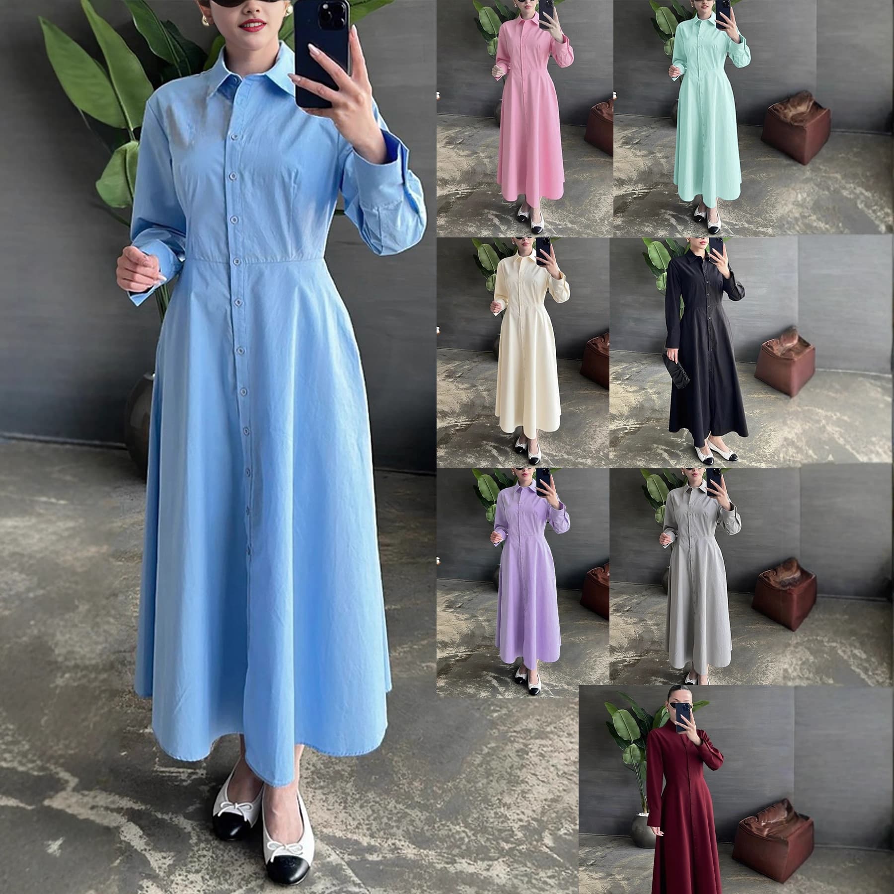 Women's Simple Turn-down Collar Solid Blue Long Dress Casual Elegant Slimming Straight Long Sleeve Shirt Dress