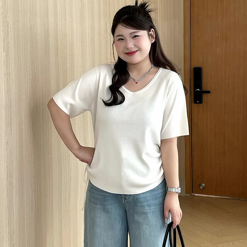 Plus Size Women's Side Drawstring Top Slimming Striped Shirt 2026 Summer Loose Knit Short Sleeve T-Shirt 23769