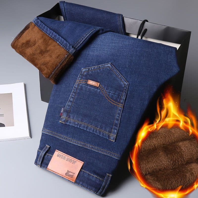 Autumn/Winter New Style Fleece-lined Men's Jeans, Loose Straight-leg Thickened Warm Men's Pants, Casual Versatile Work Stretch Trousers