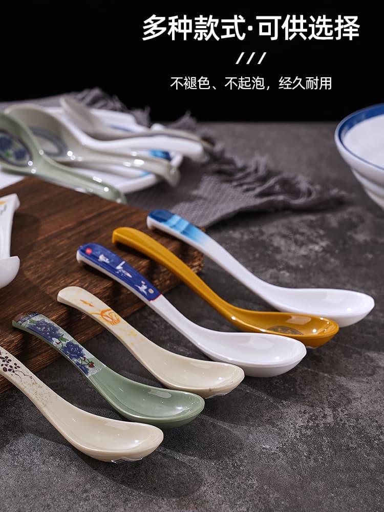 ♔10 Restaurant Melamine Spoons, Commercial Catering Long-Handled Noodle Bowl Spoons, Imitation Porcelain Plastic Small Soup Spoons/Spoons