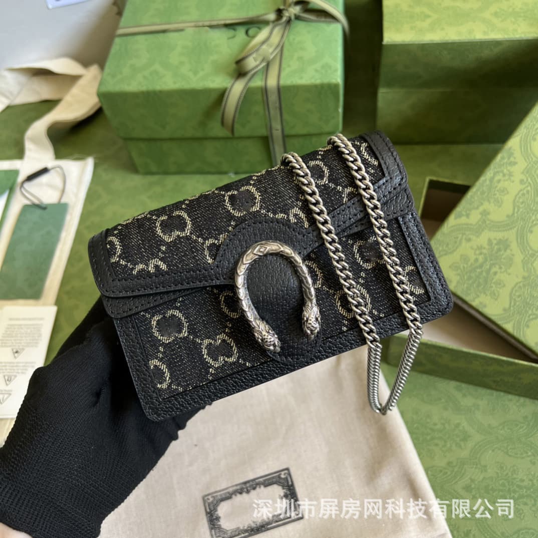 New Gucci Denim Series Dionysus Black Single Shoulder Crossbody Chain Bag Women's Mini Square Bag