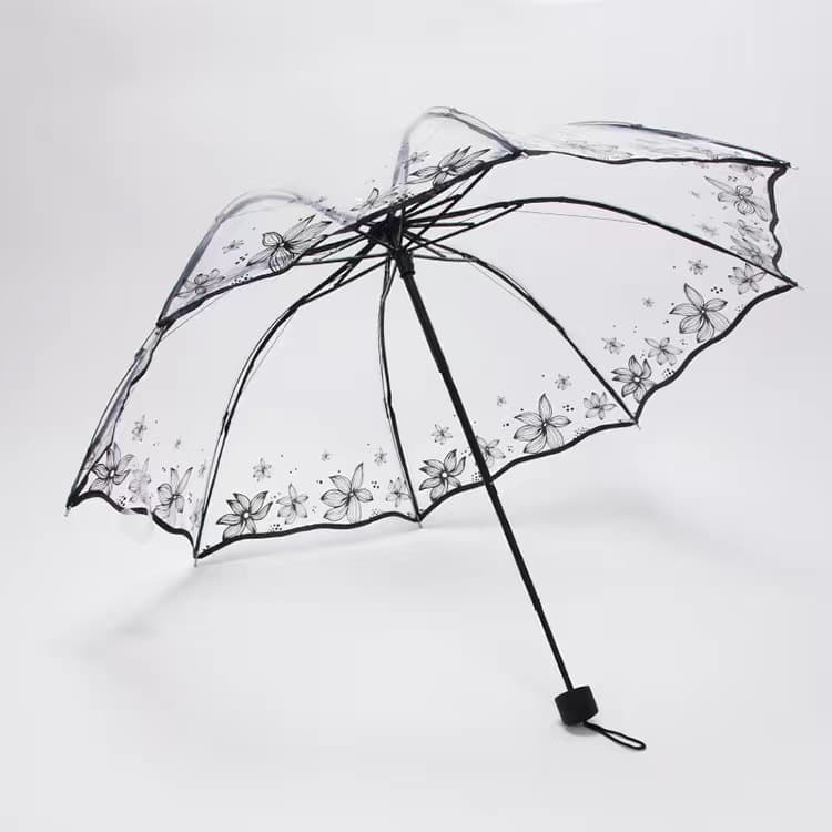 Transparent Summer Flower Folding Umbrella, Three-Fold Apollo Cherry Blossom Umbrella, 8K Extra Large and Thick, Trendy Japanese-Style Manual Umbrella