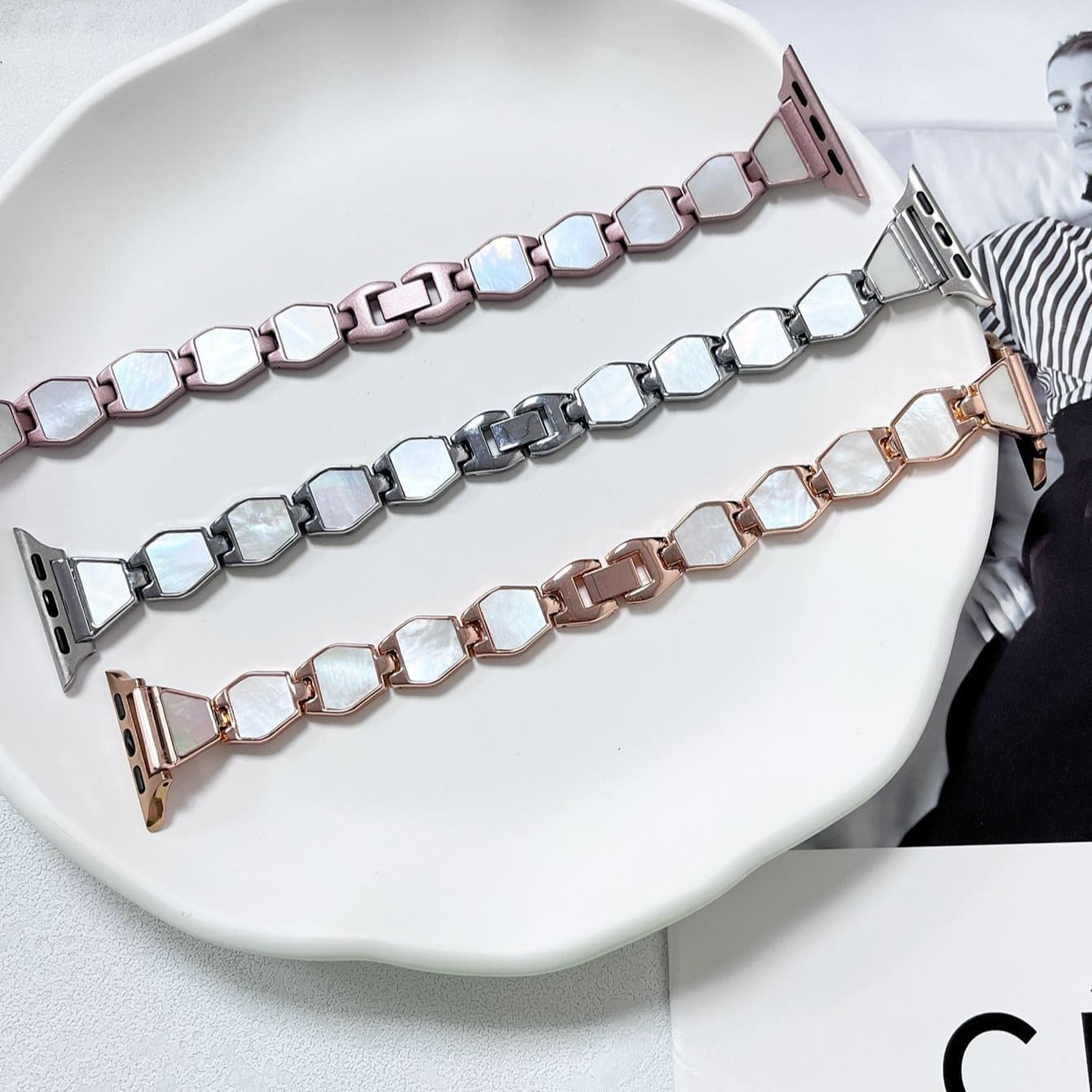 Apple S8 Watch Band iWatch SE Shell Hexagon Mother-of-Pearl Metal Band