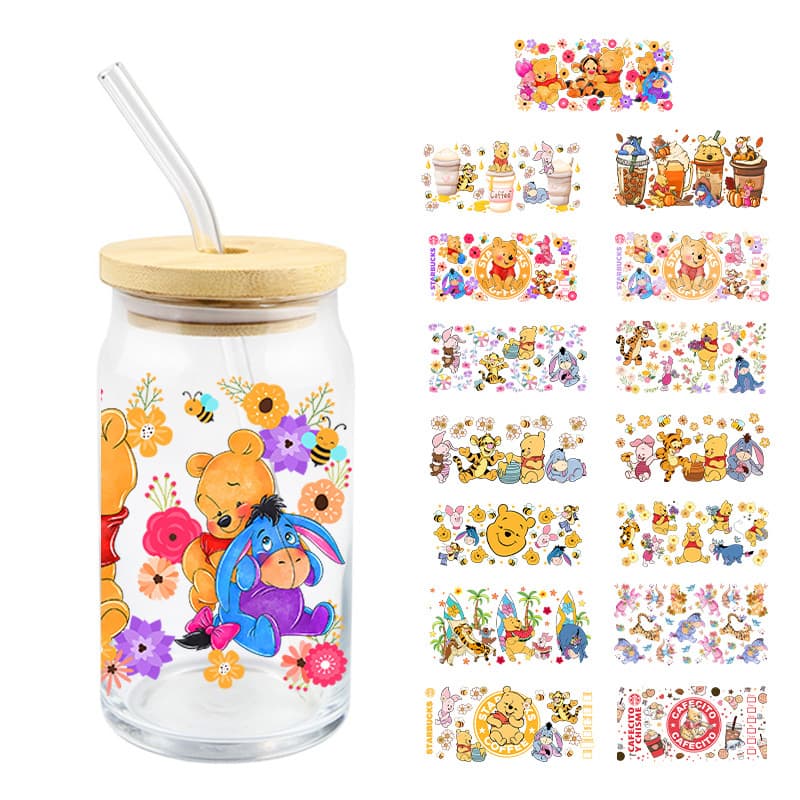 Winnie the Pooches UV DTF transfer crystal transparent stickers thermos cup water cup waterproof seamless cute cartoon decorative stickers