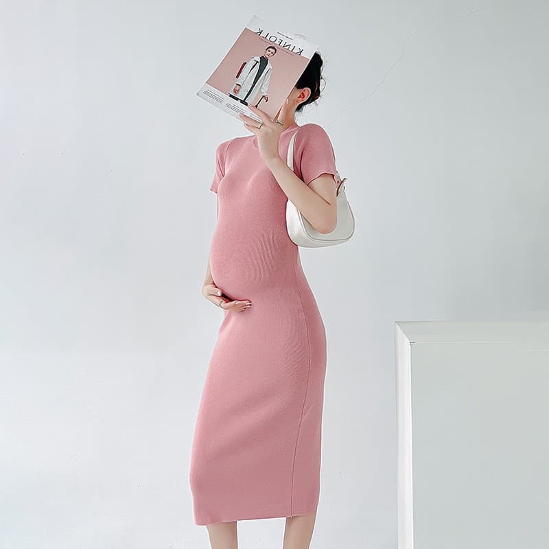 Summer Maternity Elegant Ice Silk Knit Dress Slimming Elastic Solid Color Simple Mid-Length Hot Mom Short-Sleeve Dress